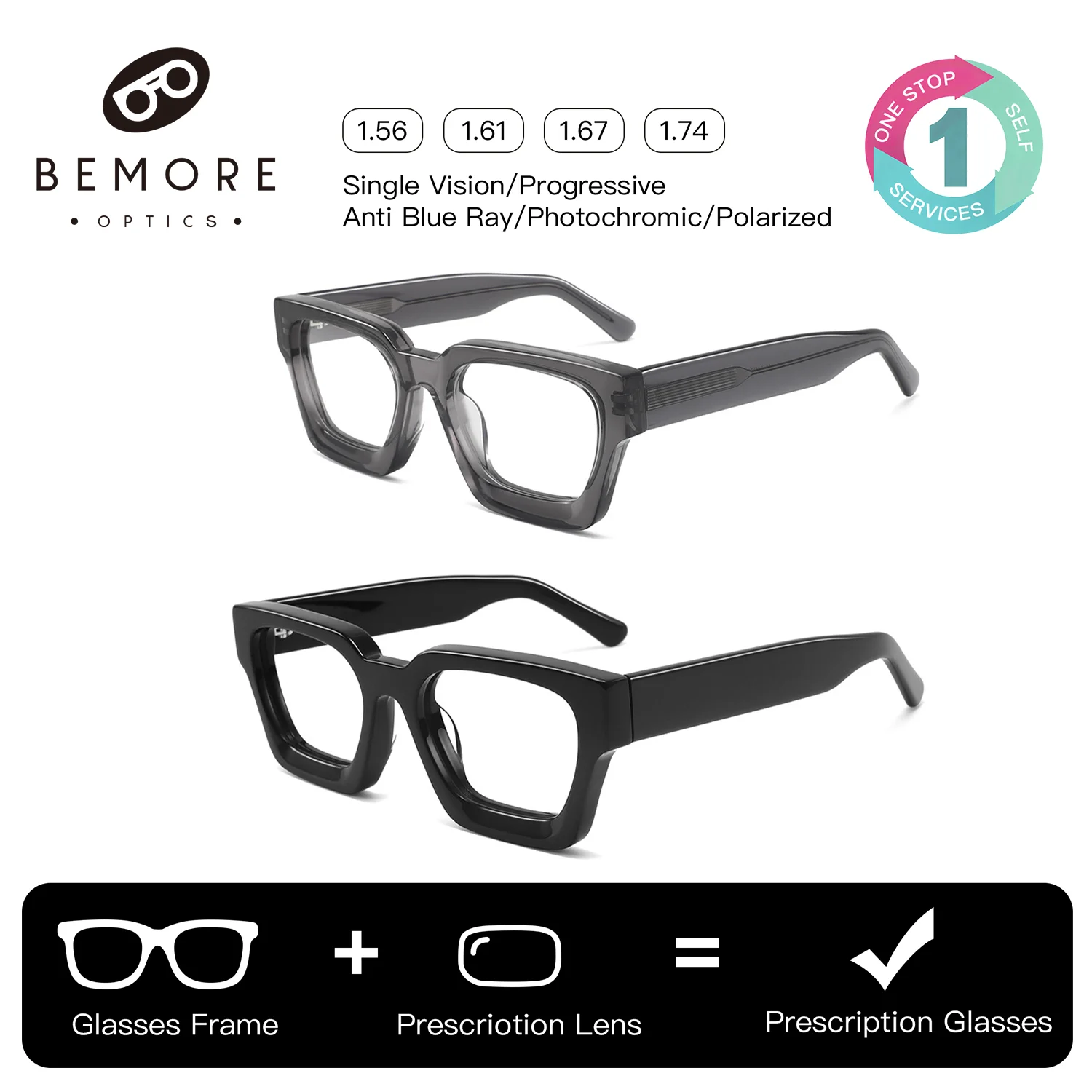 

BEMORE Handmade Acetate Square Optical Lenses with Photochromic Recipe Anti-Blue Light Progressive Multifocal Prescription