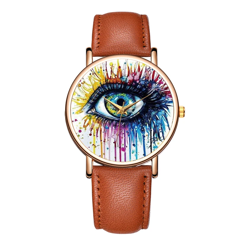 Fashion Women's  Wristwatch Cool Eyes Watches High Quality Ladies Leather Strap Quartz Wristwatch Minority Personality Watch