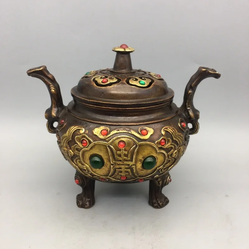 Gilt copper three-legged incense burner with the character 