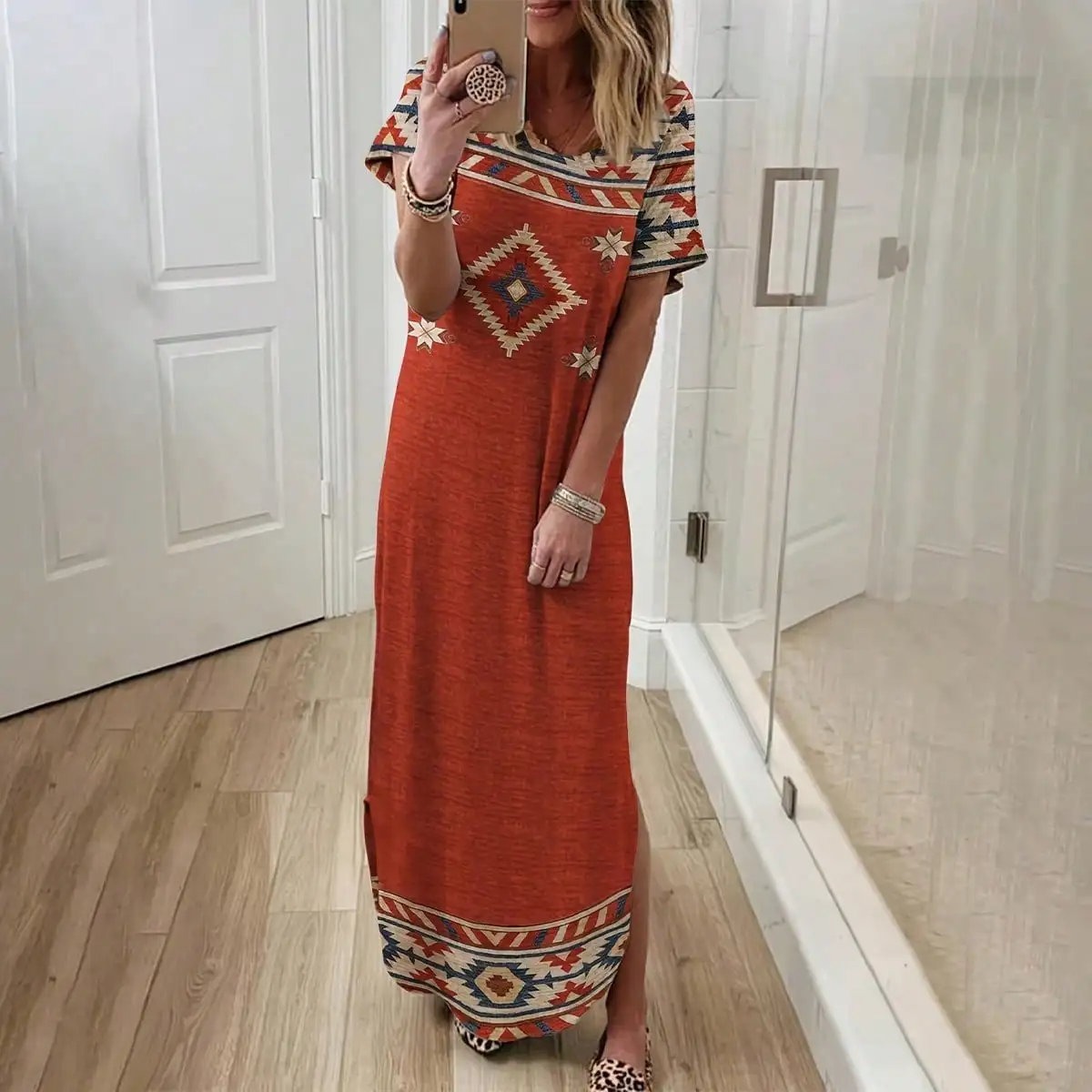 Women\'s ethnic holiday casual style geometric print casual short sleeve knitted long dress