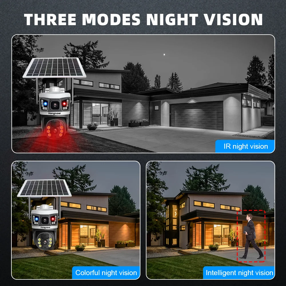 Hongnaer 8MP 4K V380 Pro عدسة مزدوجة لوحة طاقة شمسية ذكية تعمل بالطاقة اللاسلكية PTZ IP WiFi كاميرا CCTV خارجية تعمل بالطاقة الشمسية