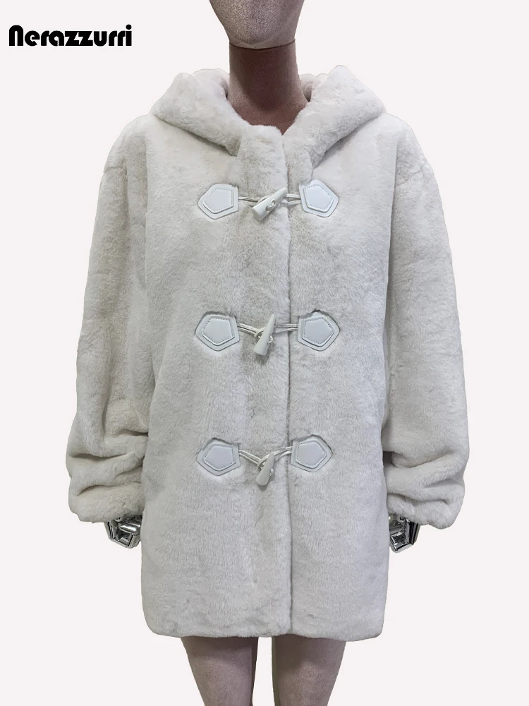 nerazzurri Autumn Winter Cute Sweet White Warm Soft Faux Fur Coat Hoodie Women with Bunny Ears Horn Buttons Fluffy Jacket 2024