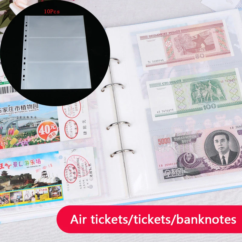 10pcs Loose Leaf Sheet 3-Slot Transparent Banknotes Holder Portable Paper Money Protective Bag Paper Money Collection Album