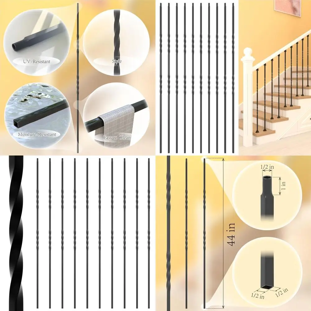 

Half-Inch by 44-Inch Hollow Double Iron Balusters, Satin Black Metal Spindles for Indoor Stair Railing, 10-Pack