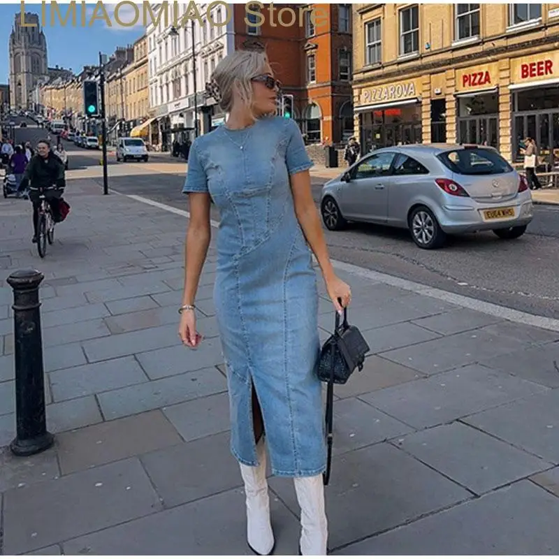 

Women's Dress Denim Splice Short Sleeve 2023 Summer Elegant Zip Slit Jean Midi Dresses Female Casual Streetwear Female Robe