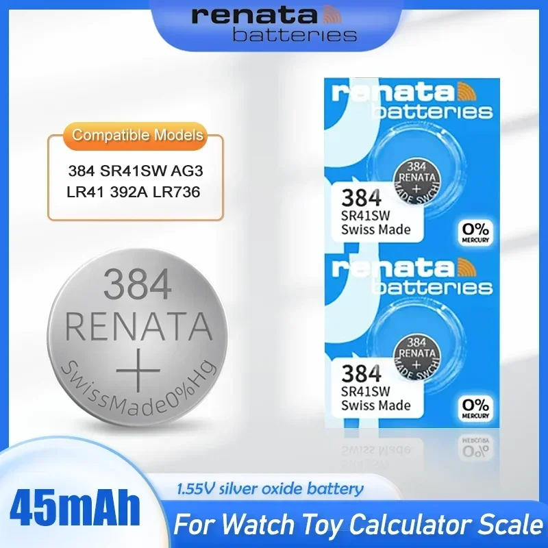 1-5PCS Renata 384 SR41SW AG3 LR41 392A LR736 V3GA 192 1.55V Silver Oxide Battery For Watch Scale Toy Swiss Made Button Coin Cell