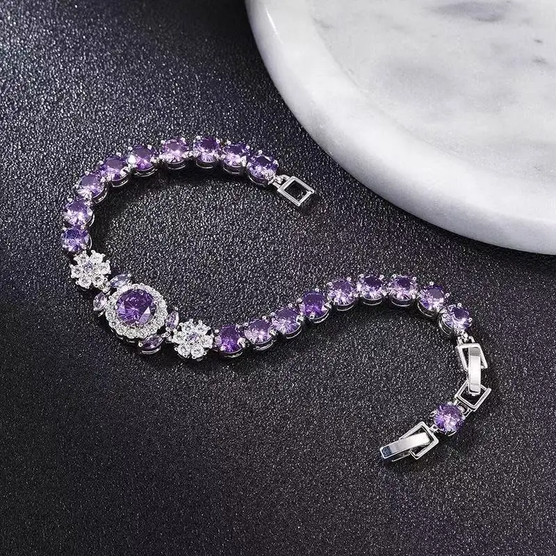 AINAMEISI New Women's Fashion Silver Crystal Zircon Purple, Red and Blue Bracelet is a Birthday Gift For Girls
