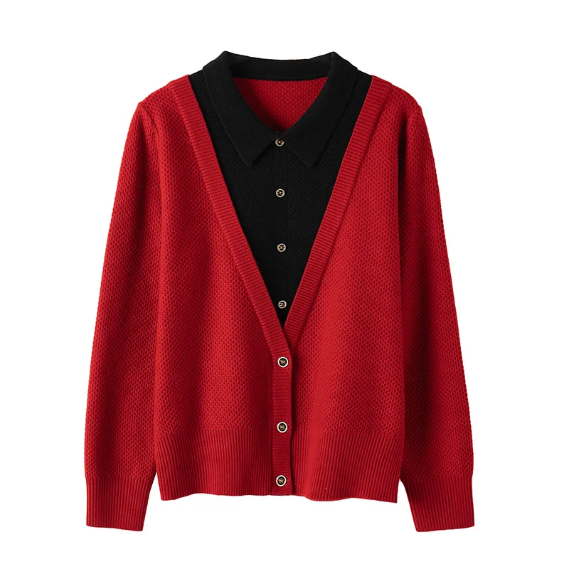 Faux pull 2 pièces patchwork pour femme, pull femme, chemise en tricot, vêtements d'automne et d'hiver, bouton à col rabattu, mode, nouveau, 2024