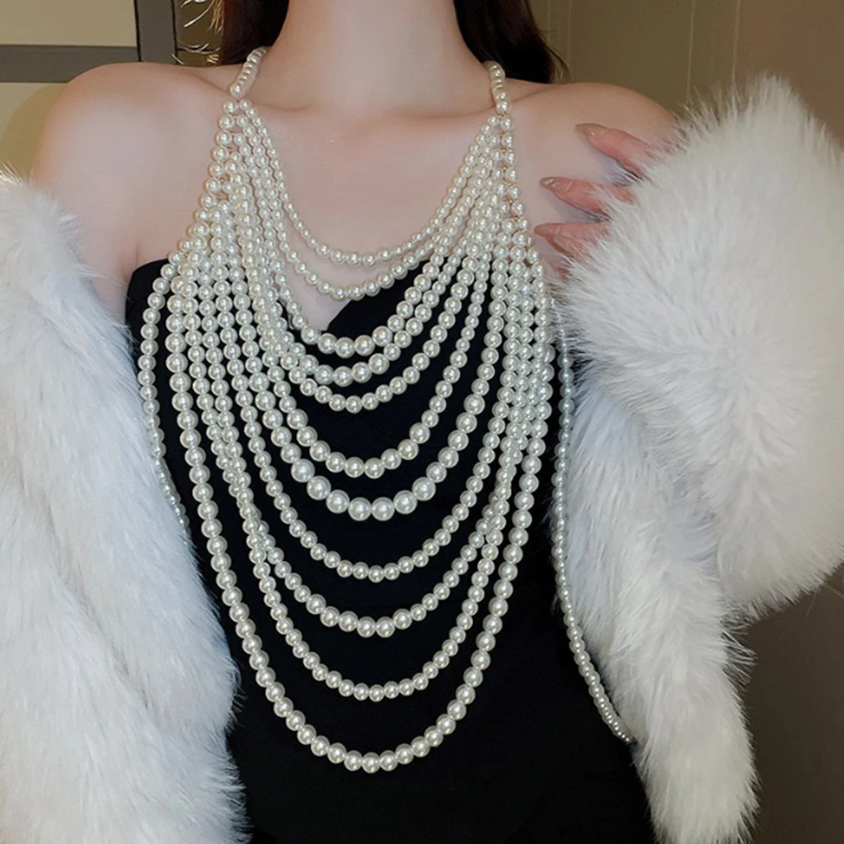

Hazem Store Luxury Handmade Beaded Wavy Multilayer Bridal Shoulder Body Jewelry Chain, Faux Pearl Back Necklace For Wedding