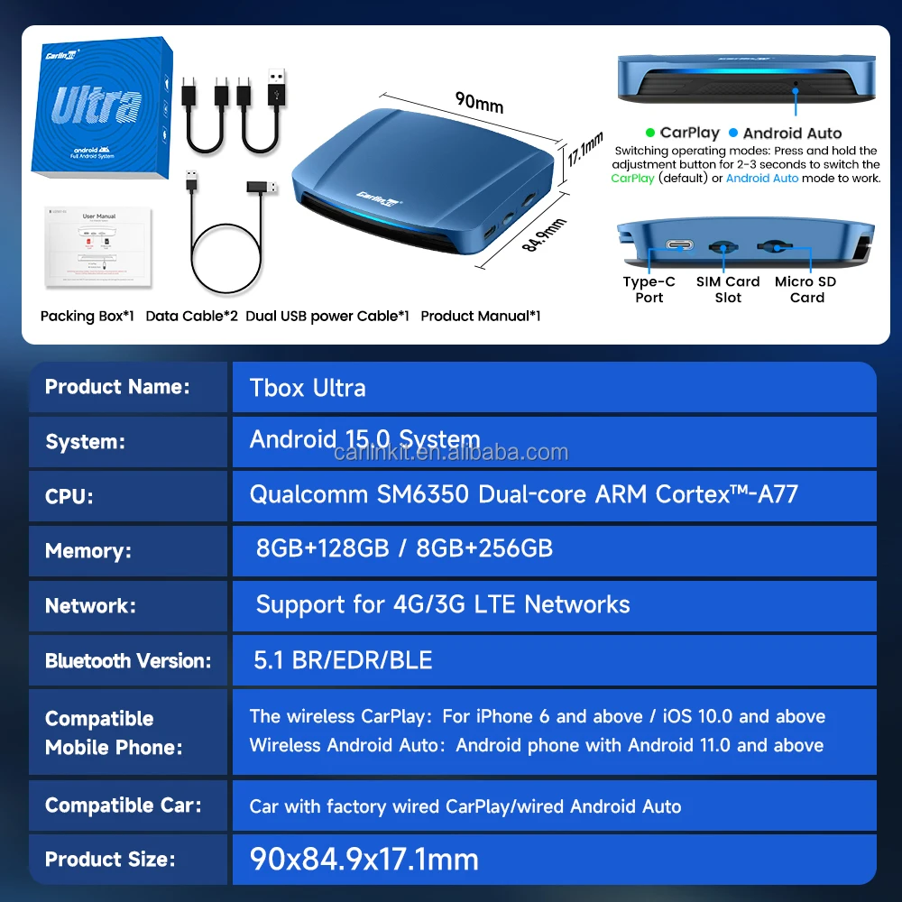 carlinkit ultra Tbox Ai Box Android 15 Spilt Screen Sm6350 Carplay Adapter 8 Rom 128 Ram 512Gb Video Tv Wireless Car Play Auto