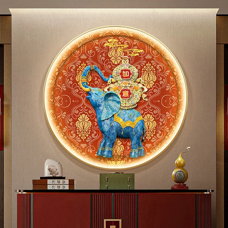Elephant Facing The Door Console Decoration Painting New Chinese Style Gourd Corridor Round Wall Painting Light Hanging Picture