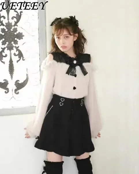 Japanse Mijn Massa-Productie Gebreide Trui Vrouwen Herfst Winter Lolita Zoete Boog Harige Off-Shoulder Kant Lange Mouw trui Top