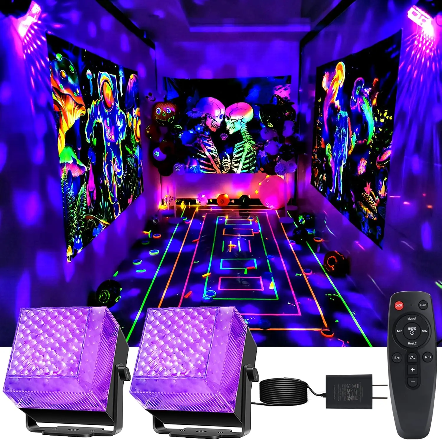 

2 in 1 Halloween Party Lights, Strobe Light Halloween Sound Activated with Remote Control uv Black