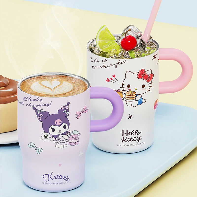 X&W Hello Kitty Insulated Cup 500ml Cartoon Stainless steel Straw Thermos Cup with Rope  handle Portable Hot Cold Coffee cups
