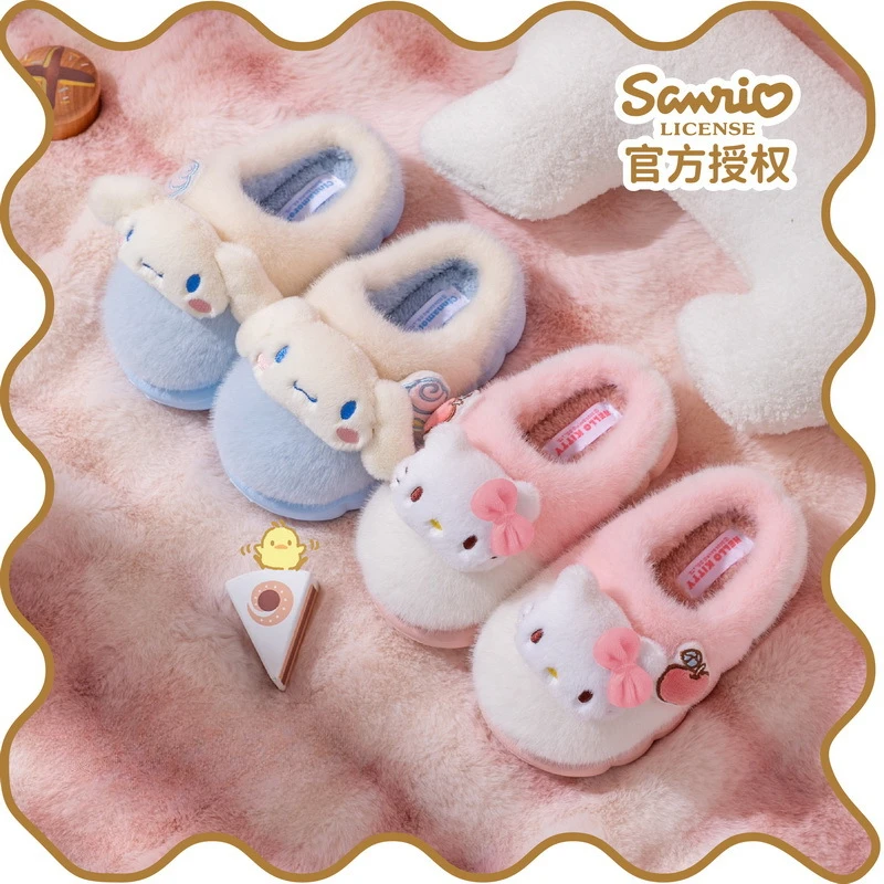 Cartoon Winter Warm Cotton Home Slippers Antislip Family Shoes In Door Cute Sweet Kuromi Hello Kitty Home Floor Slippers Size 30