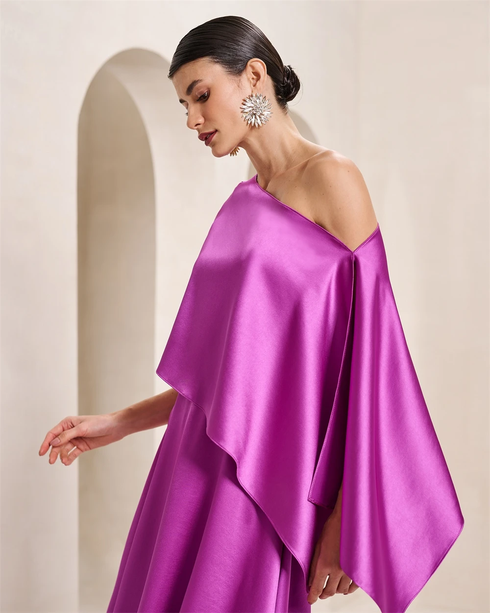 Customized  Graceful One Shoulder Evening Dress Temperament Ruched Sleeves Party Dress Classic A-Line Knee Length Celeb