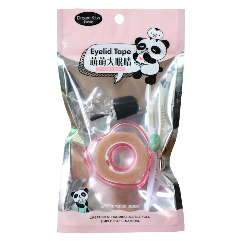 베이지색 투명 레이스 메쉬 섬유 눈꺼풀 패치 세트 (접착제, 핀셋, 포크, 쌍꺼풀 테이프 스티커 포함) 메이크업 도구