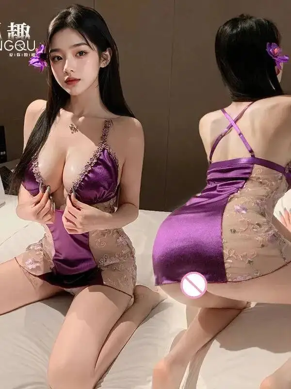 Casual Sexy Mesh pure Transparante Nachtkleding Patchwork Geborduurde Backless Cross Pure Desire Stijl Hemdje Jurk Elegante 1TDJ