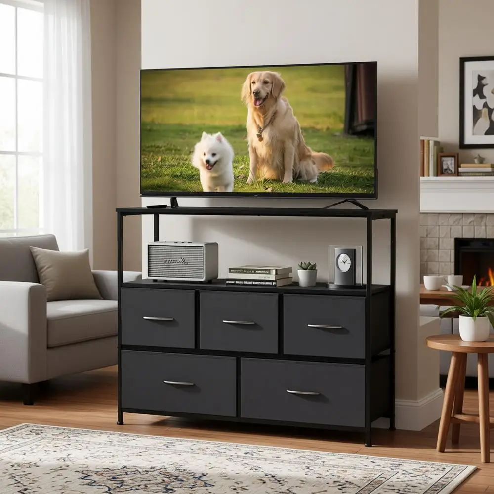 

5-Drawer Fabric Storage TV Stand with Open Shelf for 45 TV, Ideal for Compact Living Spaces