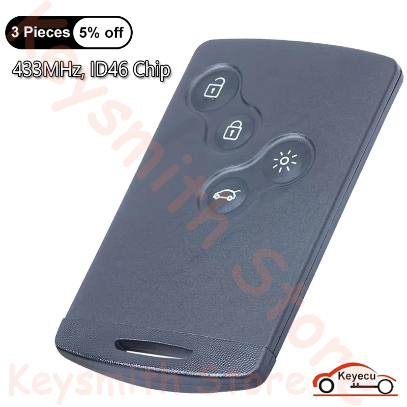 KEYECU 4 Buttons 433MHz ID46 Chip for Renault Megane 3 Laguna 3 Scenic Fluence Auto HandsFree Smart Remote Key Fob Keyless Go