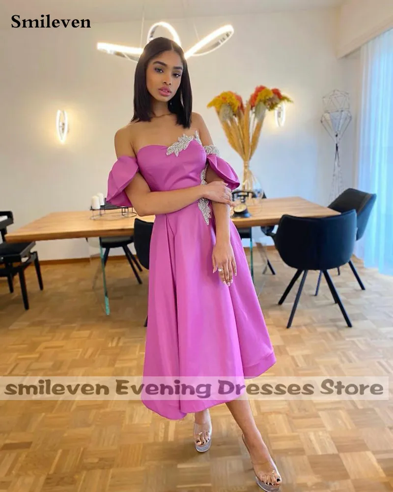 Smileven สีชมพูร้อนชุดราตรีอย่างเป็นทางการ Sweetheart คอพรหมชาความยาวปิดแขนเสื้อพัฟ Homecoming ชุด