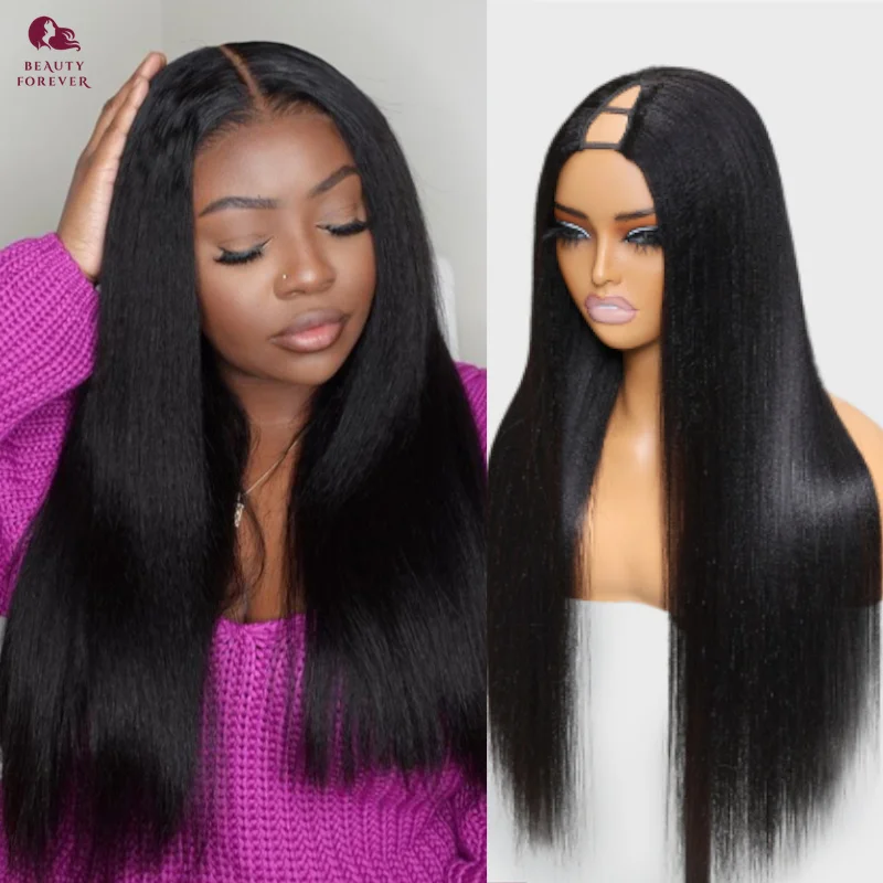 

Beautyforever No Leave Out V Part Wig Human Hair Yaki Straight / Kinky Straight Human Hair Wig Density 200% Machine Made Wig