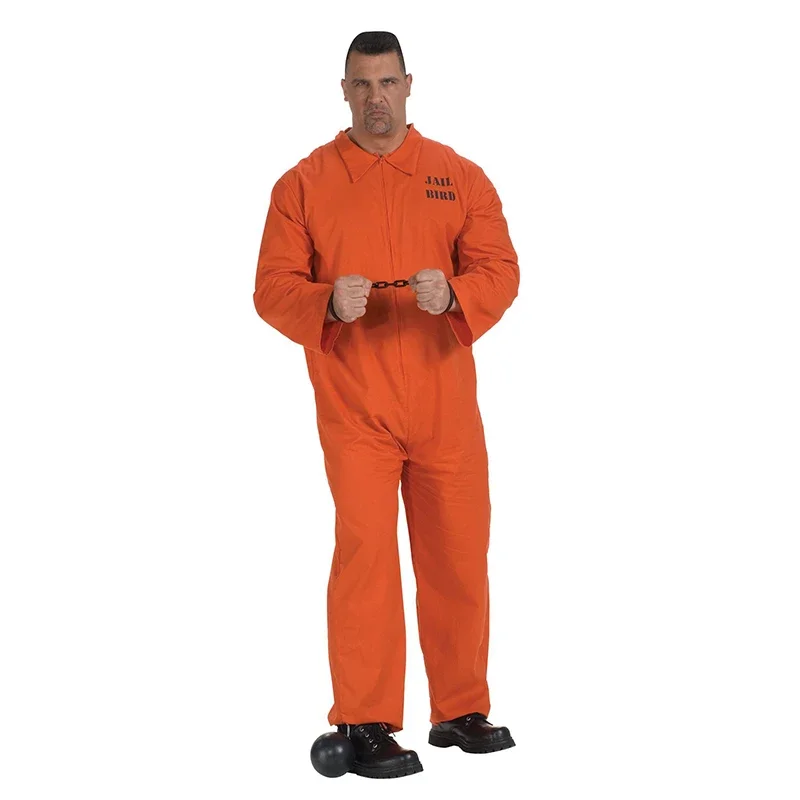 

Plus Size Prisoner Jumpsuit Fancy Dress Up Orange Yellow Public Offender Inmate Cosplay Outfit Jail Bird Costume For Men