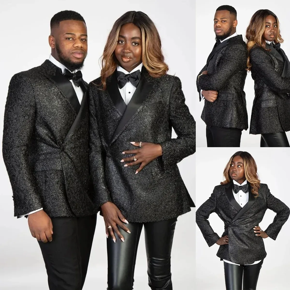 Shiny Black Men Wedding Tuxedos Sparkly Double Breasted Blazer Outfits Business Formal Wear Jacket And Pants