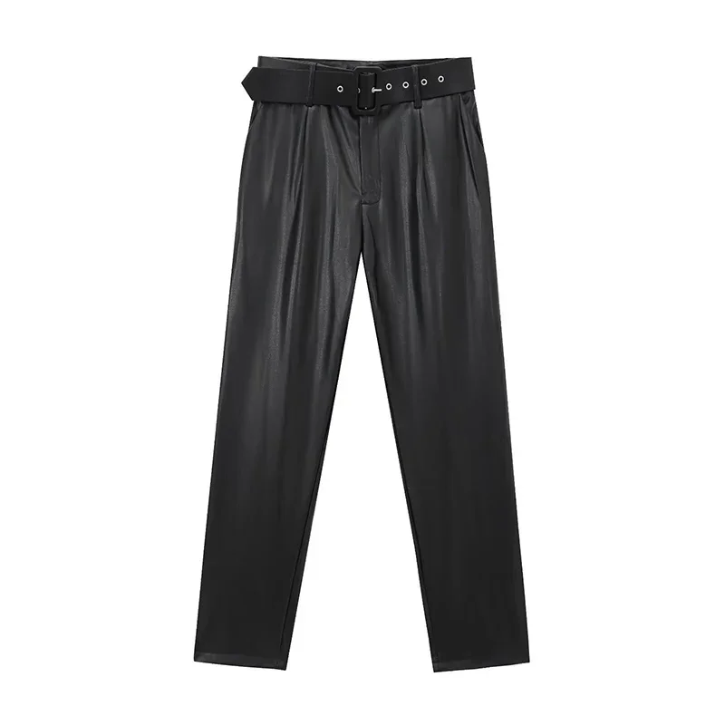 Spring New Women's Fashion High Waist Leather Pants with Belt Simple Stylish Versatile Casual work office lady  Trousers