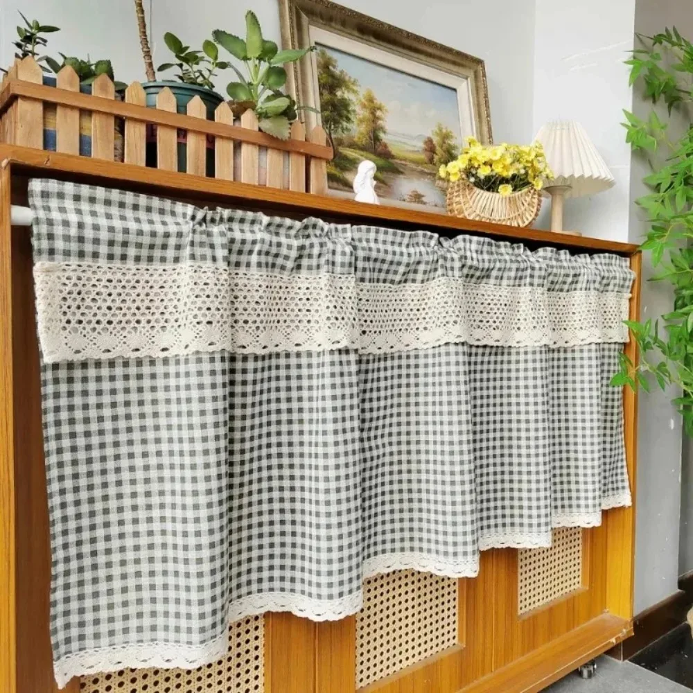 

Шторы из искусственного льна для кухни, террасы, зеленая решетка с принтом, короткие полые вязанные крючком кружевные шторы для спальни, фермерского дома, винтажные оконные шторы