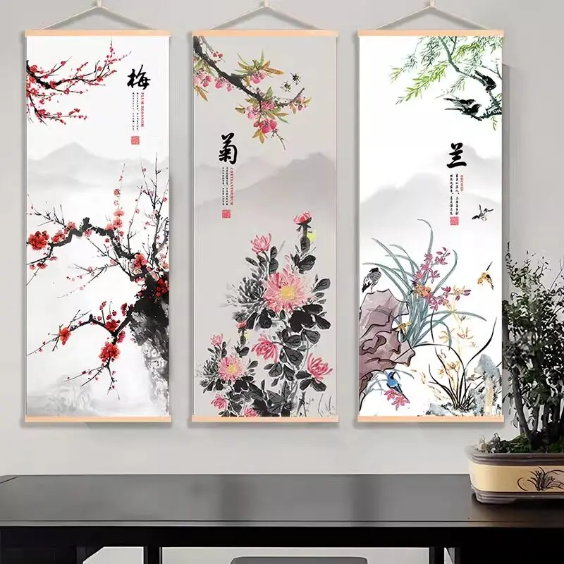Wall Art Plum Orchid Bamboo Chrysanthemum Botanical Screen Design on Pearlescent Canvas Hanging Scroll for Tea Room