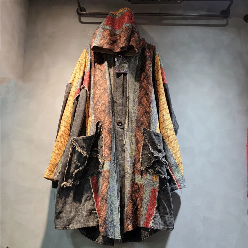 

SuperAen 2024 Autumn Loose Contrasting Printed Patchwork Vintage Denim Hooded Cardigan Coat