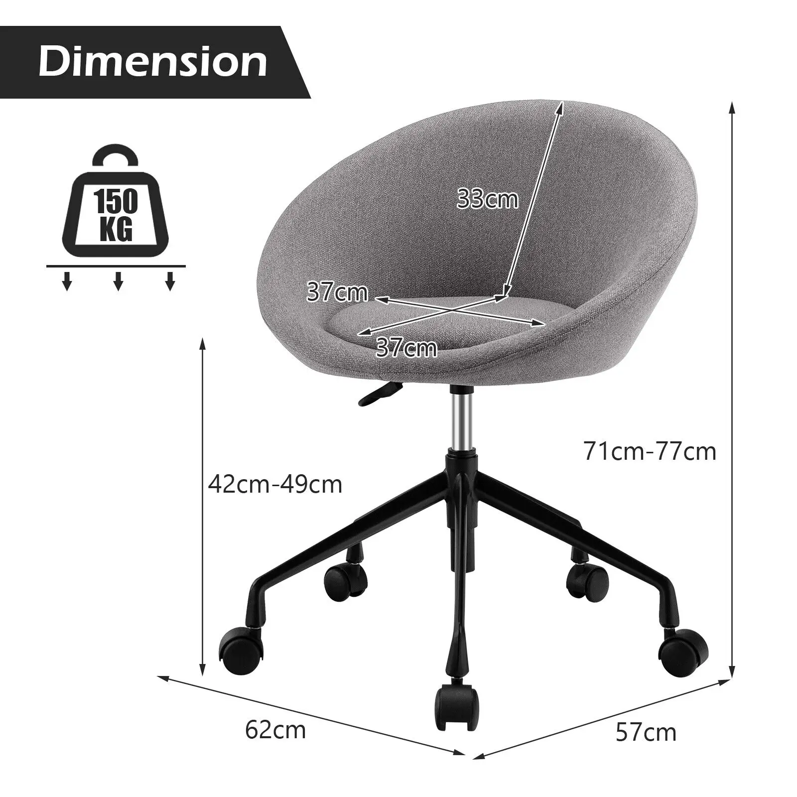 Costway Adjustable Swivel Accent Chair Linen Office Chair Round Back Vanity Chair Grey