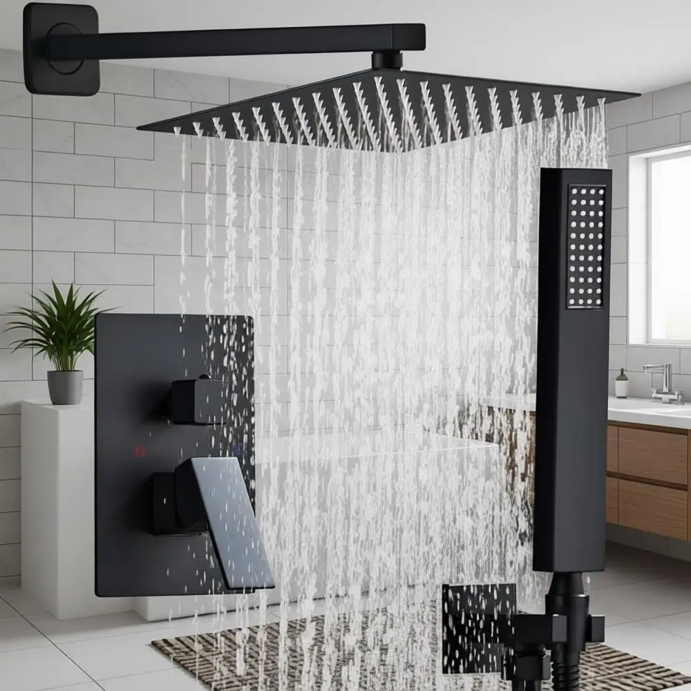 

10 Inch Square Rain Shower with Handheld, Wall Mounted Shower Set, Matte Black