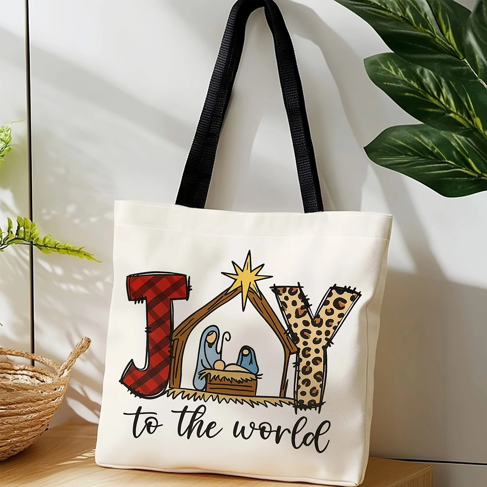Leopard Print Large Capacity Women's Tote Bag Christmas JOY Nativity Buffalo Plaid Design with Mary Jesus Durable Tote