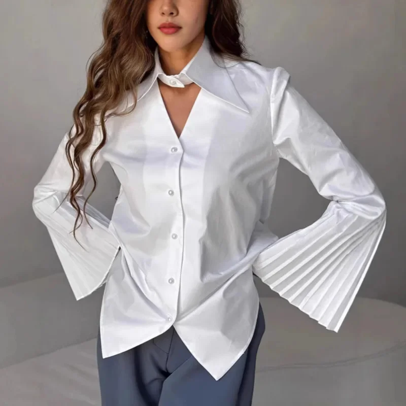 

Women Fashion White Cotton Shirt With Unique Pleated Bell Sleeves V Neck Collar Long Sleeve Elegant Fall Blouse French Chic Look
