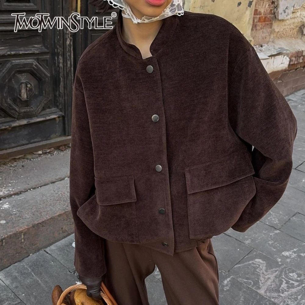 

TWOTWINSTYLE Casual Basics Coats for Women Stand Collar Long Sleeve Patchwork Single Breasted Fashion Jacket Female Autumn New