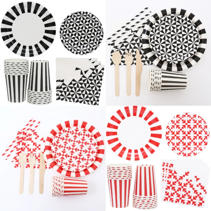 128pcs Black And Red Striped Wedding, Birthday, Party Decoration Tableware Set Suitable For 16 People Dining At The Same Time