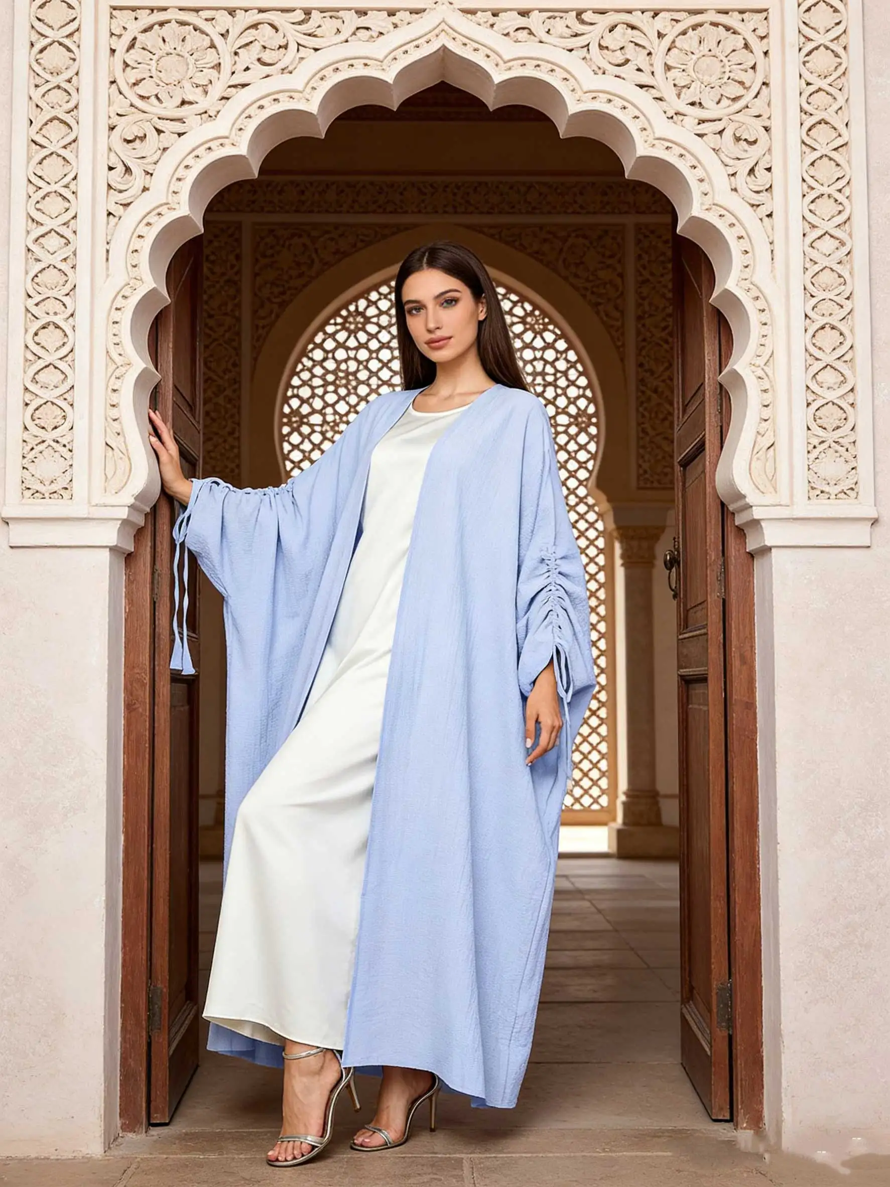 Stylish Light Blue Open-Front Abaya Ruched Drawstring Sleeves Women Muslim Moroccan Kaftan Ramadan Jalabiya Islam Dubai Arabic