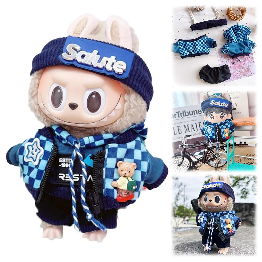 For Labubu 17cm Doll Clothes Mini Plush Dolls Outfit Accessories No Doll Doll Clothes Outfit Headband Hoodie Coat Trousers