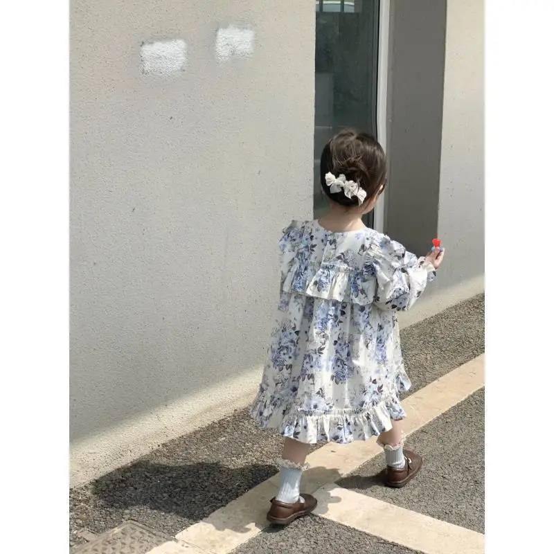 Children's Clothing Spring And Summer Clothing Princess Dress Blue Flower Print Girls Full Skirt Ruffle Collar Flutter Sleeves
