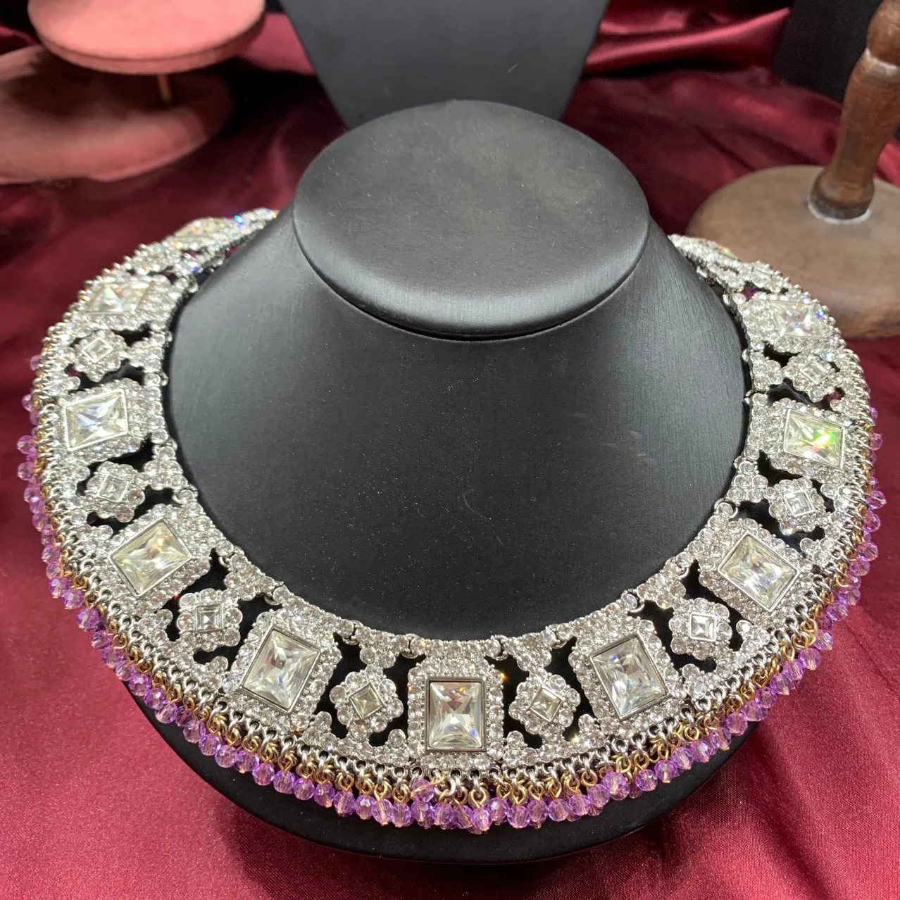 Rhinestone Collar Choker Necklace Women Silver Tone Square Crystal Statement Necklace Purple Bead Tassel  Wedding Party Jewelry