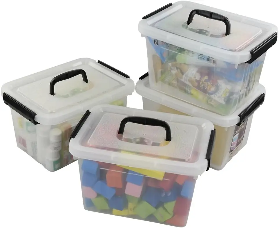 

6 Quart Clear Latch Storage Box with Black Handle and Latches - 4 Pack