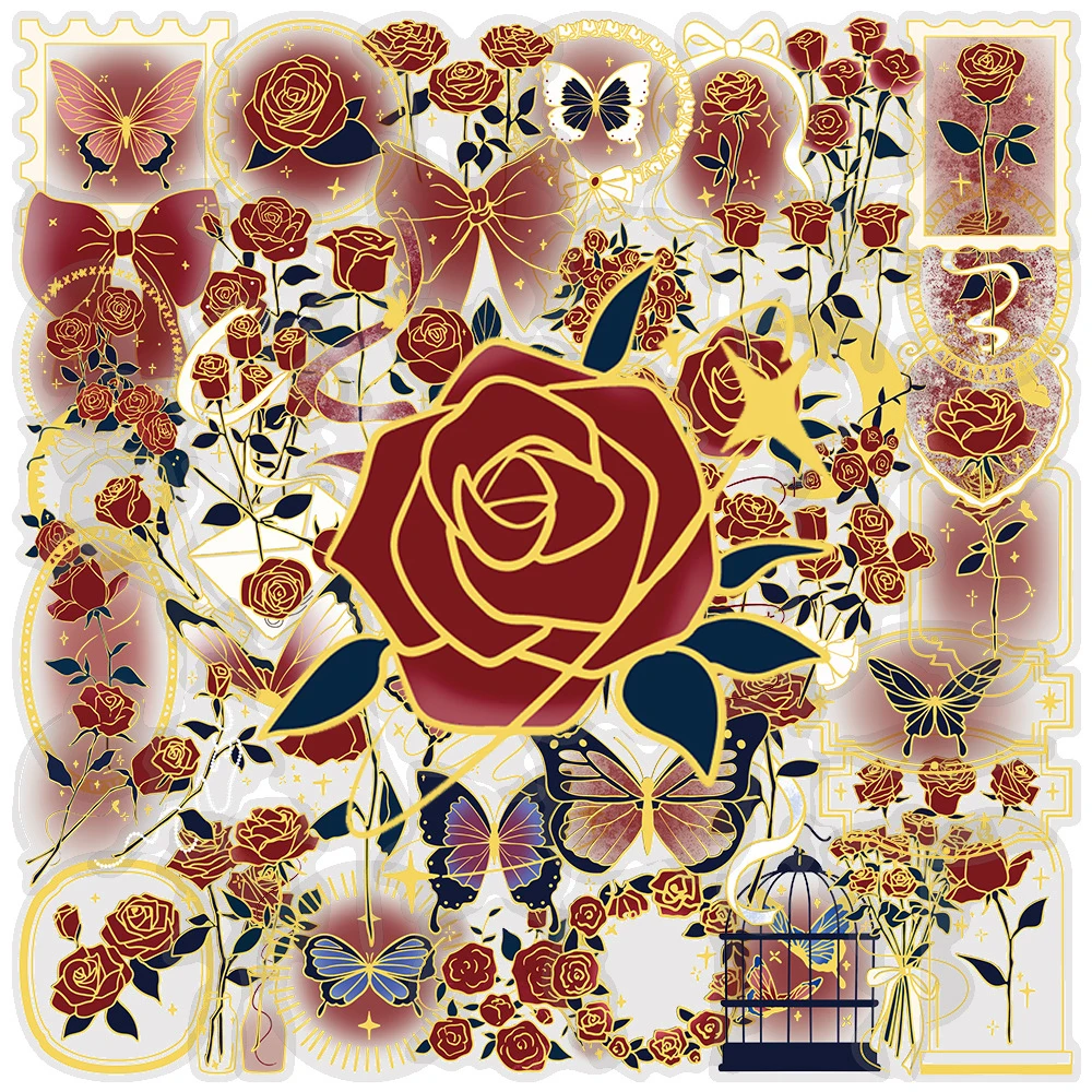 

10/30/50pcs Cute Gold Rim Rose Flowers Aesthetic Stickers Vintage Art Graffiti Decal DIY Skateboard Guitar Phone Cartoon Sticker