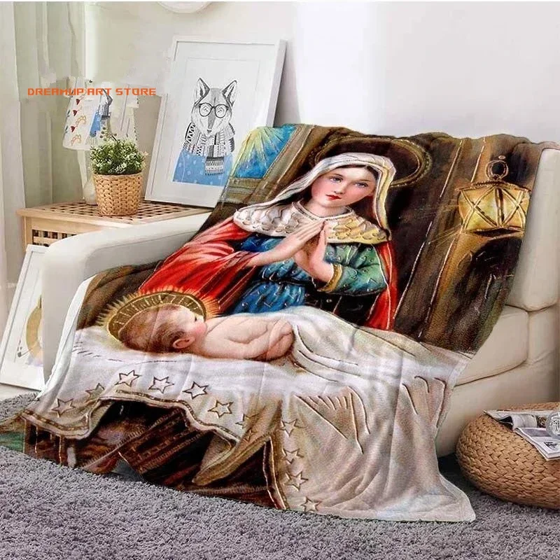 2026 Virgin Mary Flannel Blanket Fluffy Lightweight Fleece Throw Blanket Comfort Soft Warm Baptism Cozy Nursery Bedding Decor Be