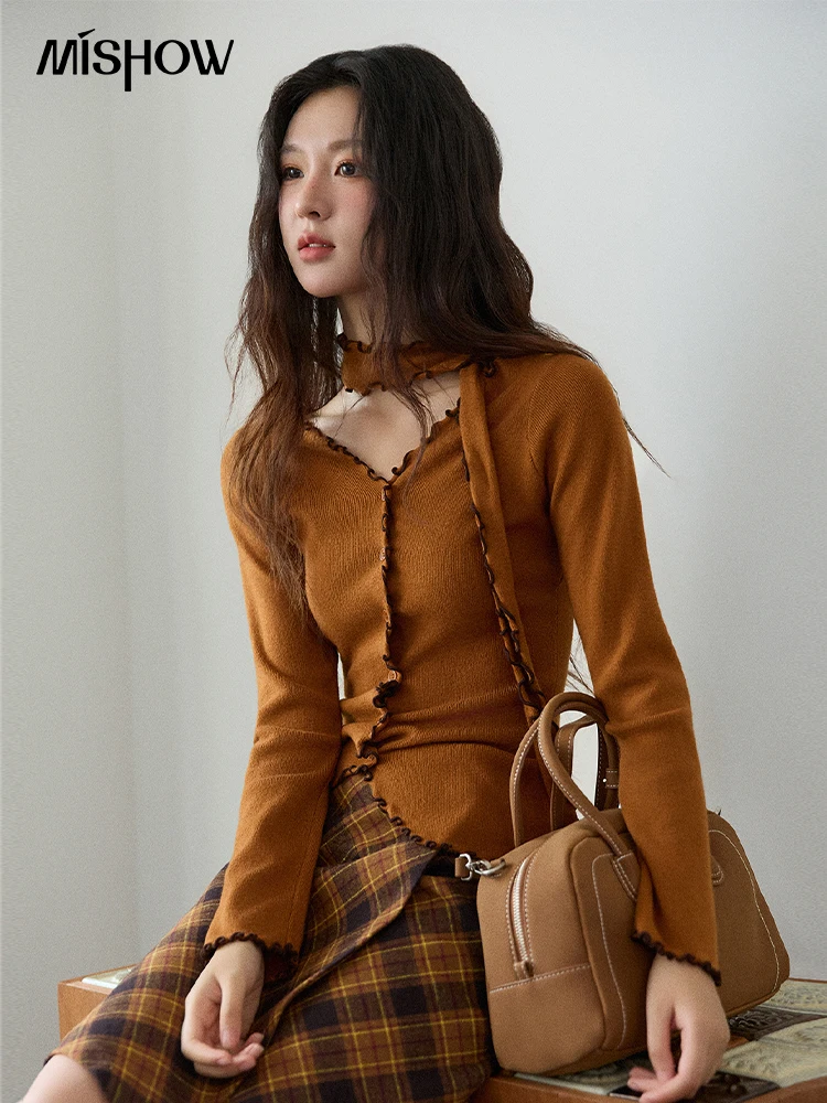 

MISHOW новые вязаные пуловеры с рюшами для женщин, 2025 г., тонкий вязаный топ в стиле ретро с v-образным вырезом и лентой, удобная зимняя одежда MXE86Z2728