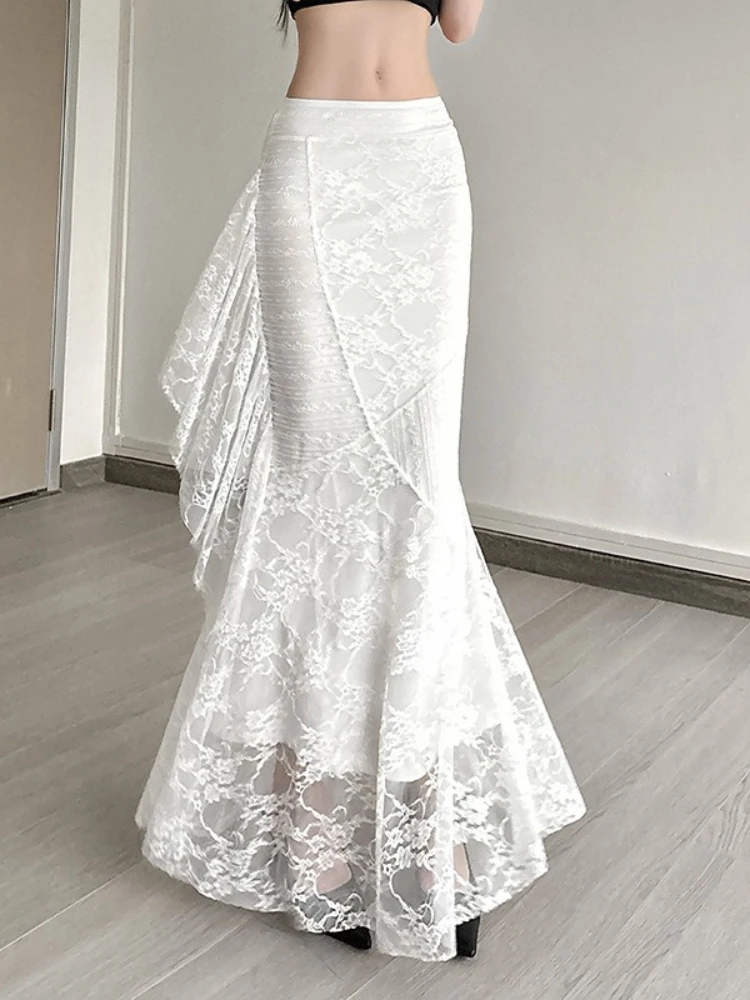 Streetwear Vintage Lace Flower Fishtail Skirt Y2k Aesthetic High Waist Irregular Ruffled Skirts Harajuku Women Embroidery Faldas