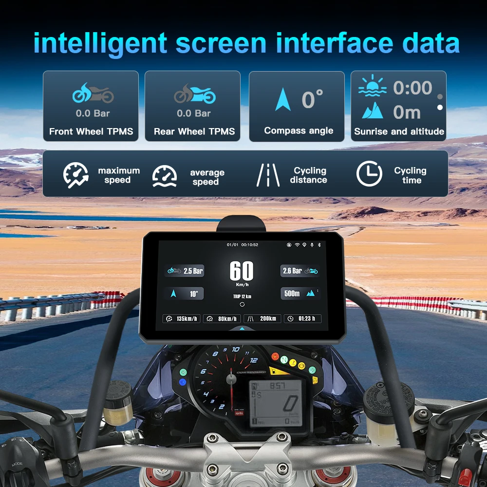 CARABC 7 inch Portable Wireless Carplay Android Auto Motorcycle GPS Navigation IP68 Waterproof DVR Drive Recorder Moto TPMS