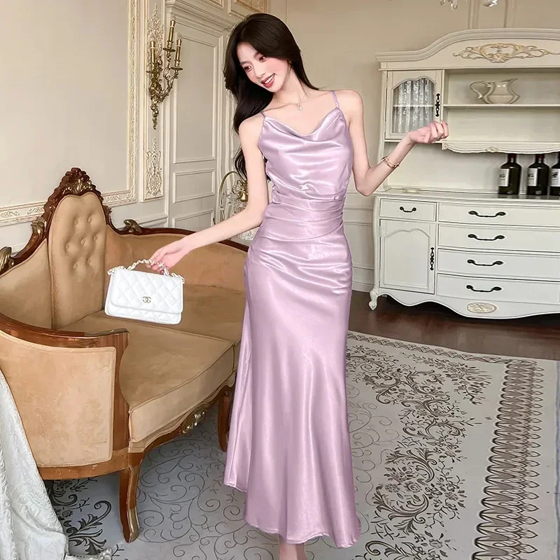 Sexy Backless Satin Camis Dress Women Summer French Spaghetti Straps Slim Midi Dress Female Elegant Solid A Line Dress New