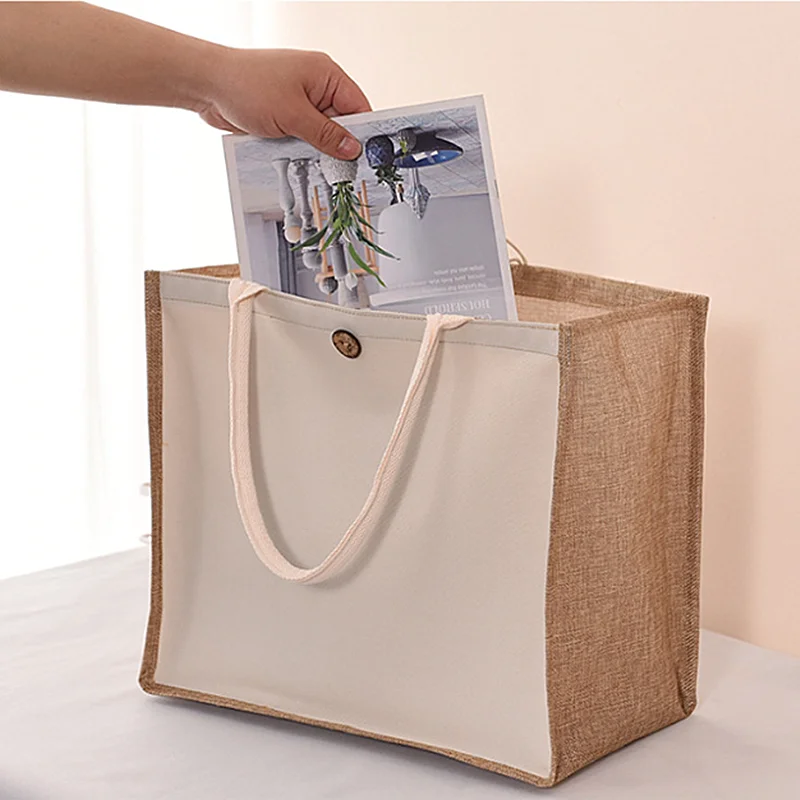 Burlap Jute Reusable Tote Shopping Bags Large Capacity Handbags For Women Portable Imitation Sacks Linen Handmade Bags